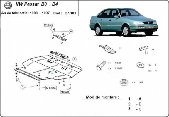 Motor en Versnellingsbak Beschermplaat voor Volkswagen Passat - B3, B4 