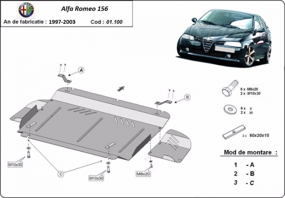 Motor, Versnellingsbak en Radiator Beschermplaat voor Alfa Romeo 156