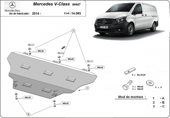 Motor, Versnellingsbak en Radiator Beschermplaat voor Mercedes V-Classe W447, 4x2, 1.6 D