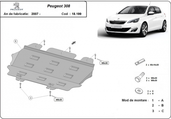 Motor, Versnellingsbak en Radiator Beschermplaat voor Peugeot 308