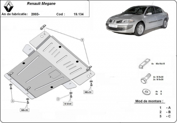 Motor, Versnellingsbak en Radiator Beschermplaat voor Renault Megane 2