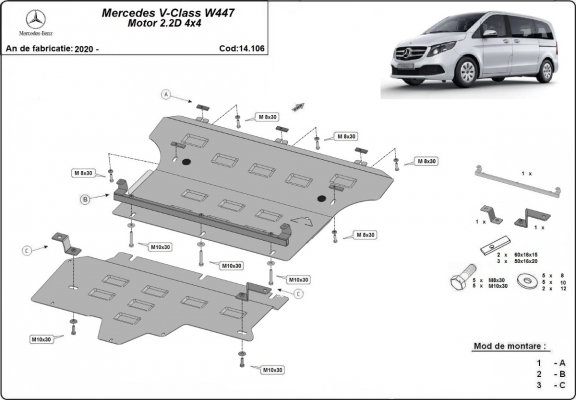 Motor, Versnellingsbak en Radiator Beschermplaat voor Mercedes V-Class W447, 2.2 D, 4x4