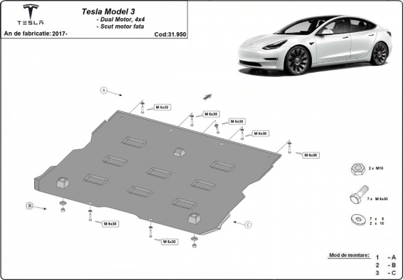 Voorste elektromotorschild tbv Tesla Model 3 AWD