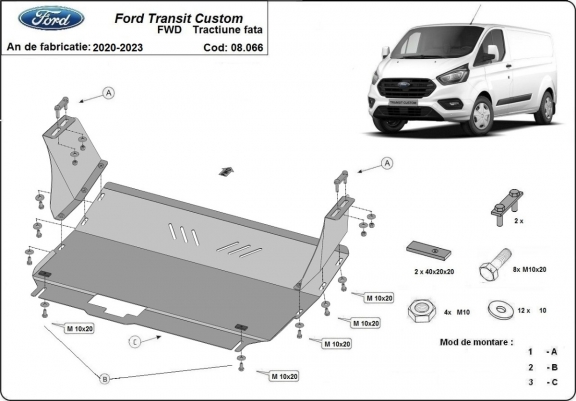 Motor en Versnellingsbak Beschermplaat voor Ford Transit Custom - FWD 