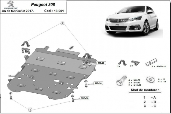 Motor, Versnellingsbak en Radiator Beschermplaat voor Peugeot 308