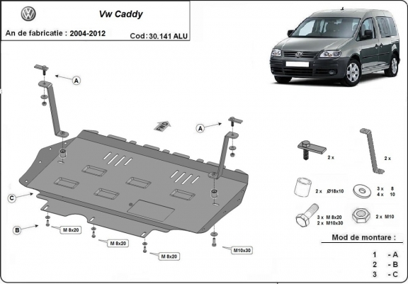 Aluminium Motor, Versnellingsbak en Radiator Beschermplaat voor VW Caddy