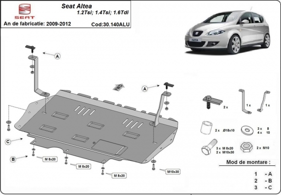 Aluminium Motor, Versnellingsbak en Radiator Beschermplaat voor Seat Altea