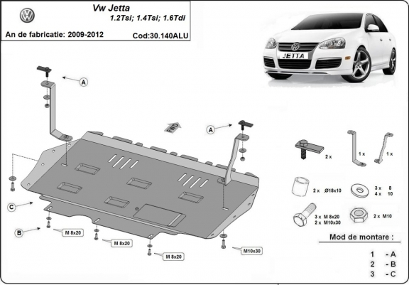Aluminium Motor, Versnellingsbak en Radiator Beschermplaat voor VW Jetta