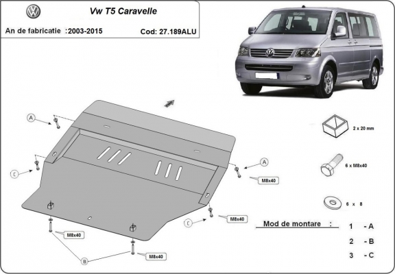 Motor, Versnellingsbak en Radiator Beschermplaat voor Volkswagen Transporter T5 Caravelle - aluminium