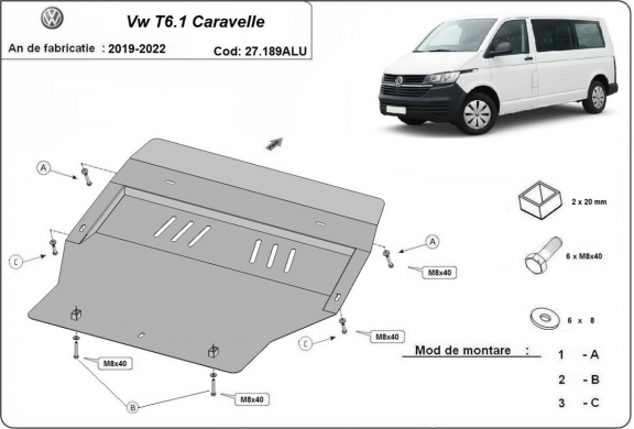 Motor, Versnellingsbak en Radiator Beschermplaat voor Volkswagen Transporter T6.1 Caravelle - aluminium