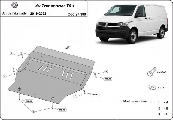 Motor, Versnellingsbak en Radiator Beschermplaat voor Volkswagen Transporter T6.1