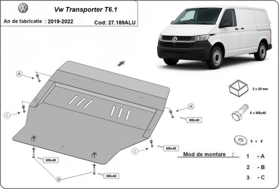 Motor, Versnellingsbak en Radiator Beschermplaat voor Volkswagen Transporter T6.1 - aluminium