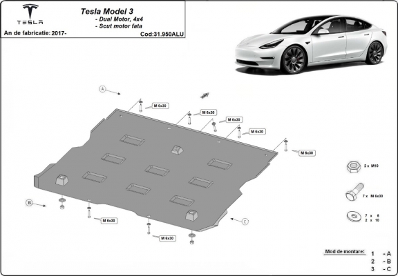 Voorste aluminium beschermplaat voor de elektrische motor van de Tesla Model 3 AWD
