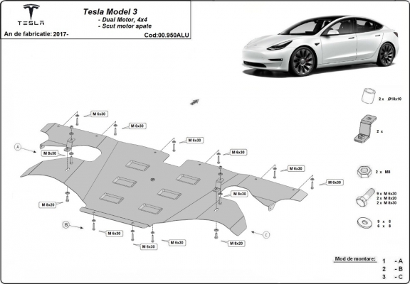 Achterste aluminium bescherming voor elektrische motor – Tesla Model 3 AWD